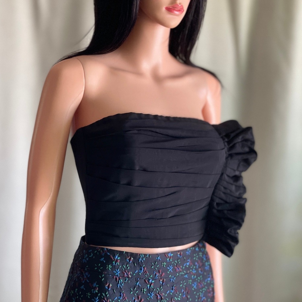Sandro Paris Black Strapless Pleated Bustier Crop Top Ruffle Avant Garde Size‎ 1